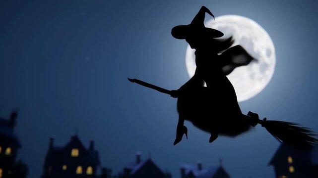 Silhouette of a witch flying on a broom at night