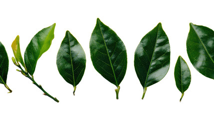 Fototapeta premium Collection of vibrant green leaves on a white isolated background.