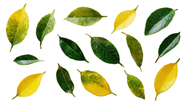 Collection of vibrant green and yellow leaves on a white isolated background.