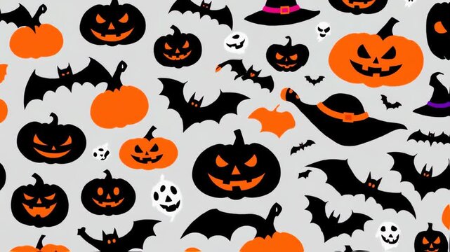 Halloween pattern of orange pumpkins, black bats, and witch hats on a light gray background