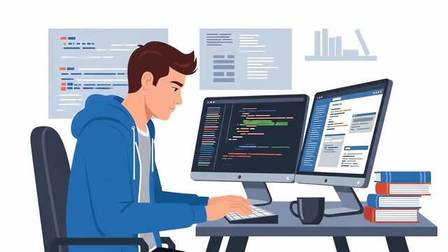 Flat vector man in hoodie is coding on computer, working as software developer, programming website application, and developing online digital system isolated on white background