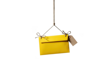 Yellow envelope hanging with tag isolated on transparent background