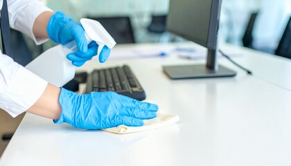 Employee in protective gloves cleaning and disinfecting an office desk with spray.