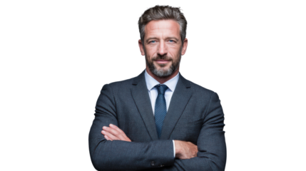 Confident businessman with arms crossed, looking professional against a white background.