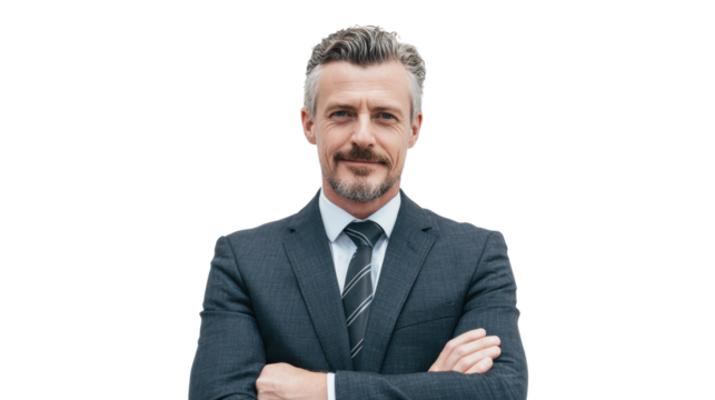 Confident businessman in a suit with arms crossed, standing against a white background.