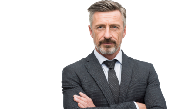 Confident businessman in grey suit with arms crossed, isolated on white background.