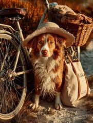 Adorable Border Collie Dog Wearing a Straw Hat Sitting Beside a Vintage Bicycle with a Wicker Basket and Canvas Bag in a Warm Autumnal Setting, Capturing a Sense of Adventure and Nostalgia