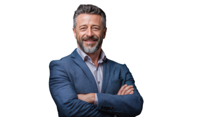 Confident man smiling with arms crossed, dressed in a formal suit, white isolate background