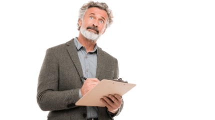 Confident mature man taking notes on clipboard, thoughtful expression, white isolate background.