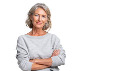 Confident mature woman smiling with arms crossed, relaxed pose, white isolate background