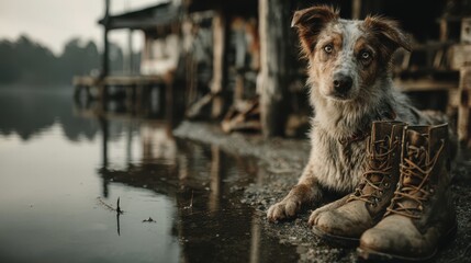 Loyal Australian Shepherd Dog Resting Near Lake with Vintage Leather Boots, Serene Waterscape, Rustic Dock, and Misty Background, Capturing a Moment of Tranquility and Companionship