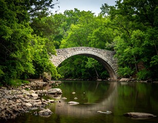 Stone arch bridge over tranquil river