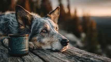 Contemplative Australian Cattle Dog Resting Head on Wooden Surface with Coffee Mug at Sunset, Close-up of Dog's Face with Soft Focus Background, Capturing a Moment of Peace and Connection with Nature