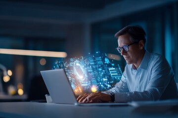 A focused man wearing glasses works late on a laptop with futuristic holographic digital interface graphics in a dimly lit office environment.