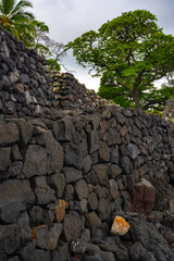 Ancient Stone Walls of the Sacred Hikiau Heiau at Kealakekua Bay, A historical Hawaiian Cultural Site on the Big Island, Hawaii