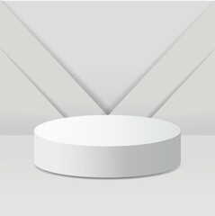 A white cylindrical pedestal sits centered against a light gray backdrop with layered geometric shapes, creating a minimalist, clean, and modern presentation scene.
