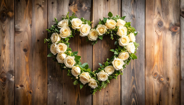 Heart of White Roses with Wooden Wall.