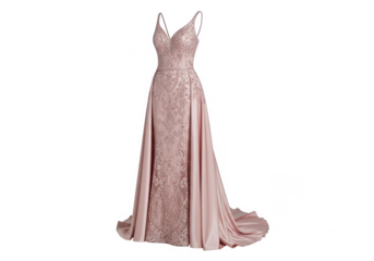 Elegant rose gold sequin prom dress with slit isolated on transparent background