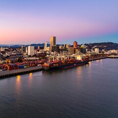 Naklejka premium City skyline by the water at dawn