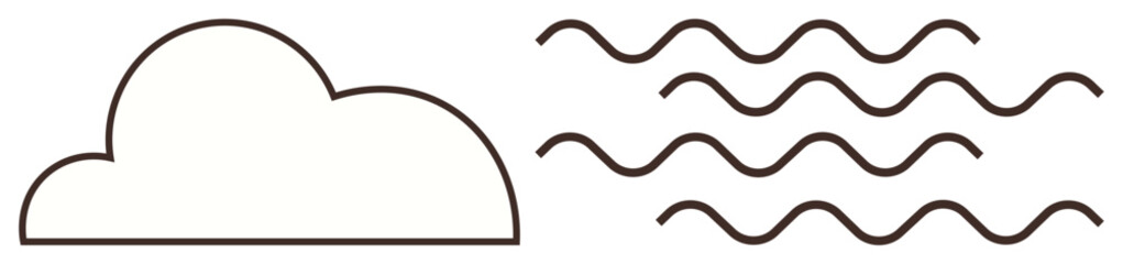 Minimalist cloud and wavy lines evoke weather, moisture, air movement, and abstract flow. Ideal for weather, environment, connectivity, movement, abstraction minimalism simple flat metaphor