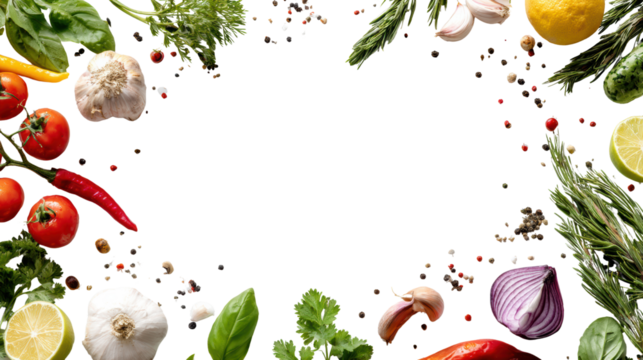 Fresh vegetables and herbs arranged in a circular frame, perfect for recipe backgrounds.
