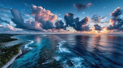Panoramic sunset over tropical ocean