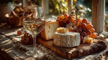 Elegant Still Life with White Wine, Cheese, and Grapes on Rustic Wooden Board near Window, Featuring Brie, Gouda, and Fresh Fruit for a Gourmet Food and Drink Presentation, Perfect for Wine Tasting or