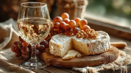 Elegant Still Life with Brie Cheese, Red Grapes, Walnuts, and White Wine on Rustic Wooden Board, Featuring a Glass of Wine and a Cozy, Warm Atmosphere, Perfect for Food and Drink Photography, Gourmet