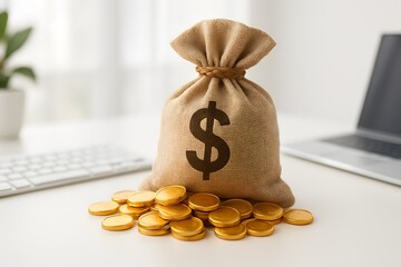 Money Bag with Coins on Desk for Financial Concept