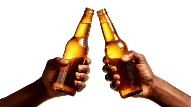 Hands clinking beer bottles in celebration, white isolate background. - Powered by Adobe