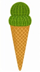 Stylized Green Ice Cream Cone with Waffle Pattern on a White Background Vector Illustration