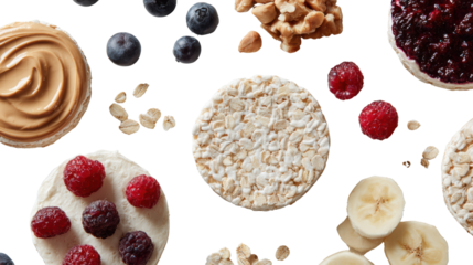 Healthy snack arrangement featuring fruits, nuts, and rice cakes on a white background.
