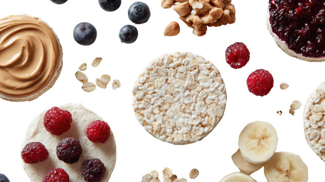 Healthy snack arrangement featuring fruits, nuts, and rice cakes on a white background.