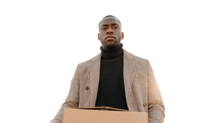 Man in formal attire holding a cardboard box, isolated on white background.