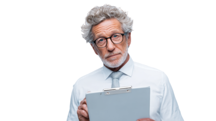 Mature man with glasses holding a clipboard, looking thoughtful against a white background.