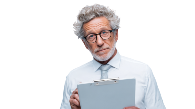 Mature man with glasses holding a clipboard, looking thoughtful against a white background.