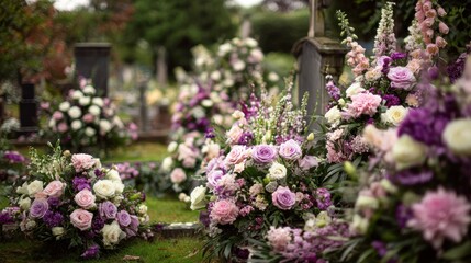 Obraz premium Serene Remembrance: A Lavender and White Floral Tribute at a Cemetery
