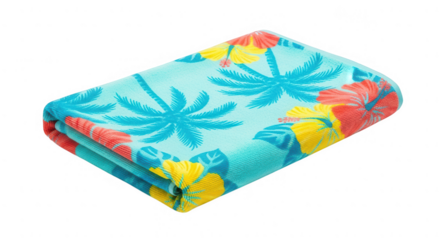 Folded tropical beach towel with palm tree and hibiscus pattern isolated on transparent background