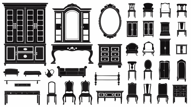 Illustration of various antique furniture pieces including chairs tables and cabinets in black and white style | editable eps vectors silhouette