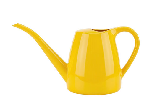 Bright yellow plastic watering can isolated on transparent background
