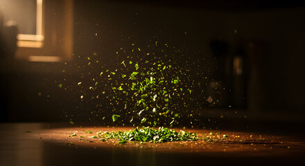 Chopped Herbs Scattered on Wooden Table with Golden Light
