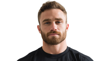 Fototapeta premium Portrait of a serious young man with a beard, wearing a black shirt, isolated on a white background.