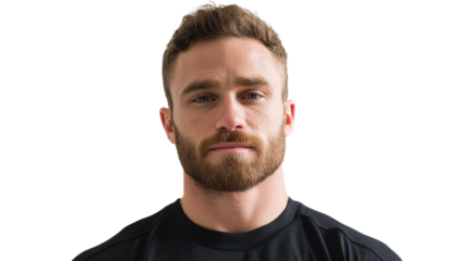 Portrait of a serious young man with a beard, wearing a black shirt, isolated on a white background.