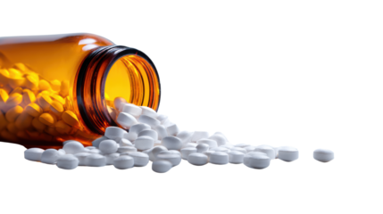 Prescription medication bottle with white pills spilled onto a surface, isolated on a black background.