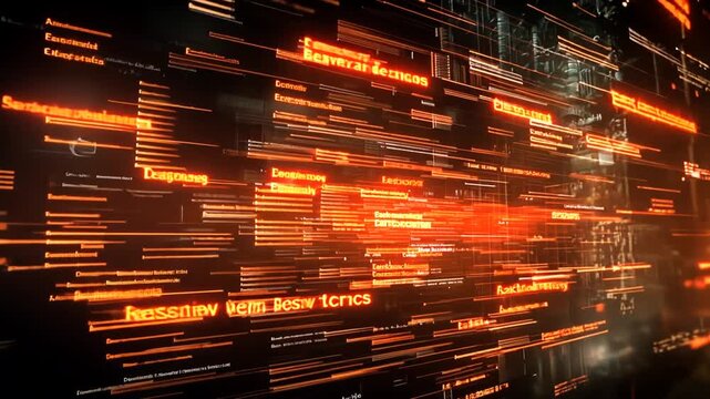 Glowing orange lines stream with data for futuristic technology cybernetics information flow abstract digital background sci-fi system network innovation concept