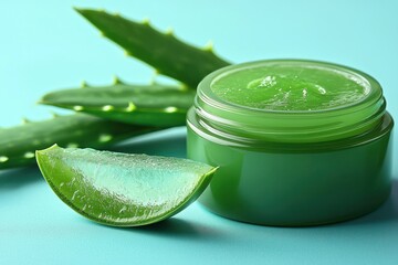 Green aloe vera jar and slices on a turquoise background