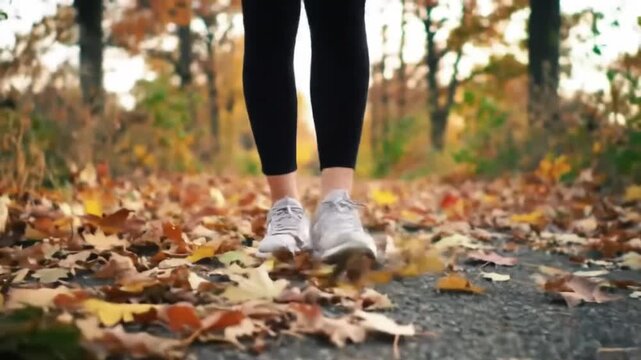 A woman&rsquo;s casual footsteps in light gray trainers walking through a quiet park path covered in fallen autumn leaves