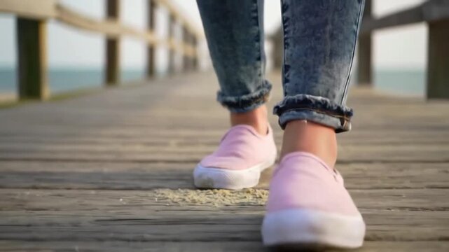 Slow-motion close-up of a woman's legs in denim jeans and pastel-colored canvas shoes walking on a wooden boardwalk near the beach