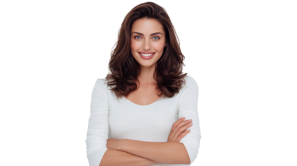 Smiling woman with arms crossed, looking at the camera, casual style.