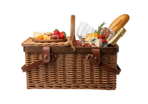 Wicker picnic basket filled with food isolated on transparent background